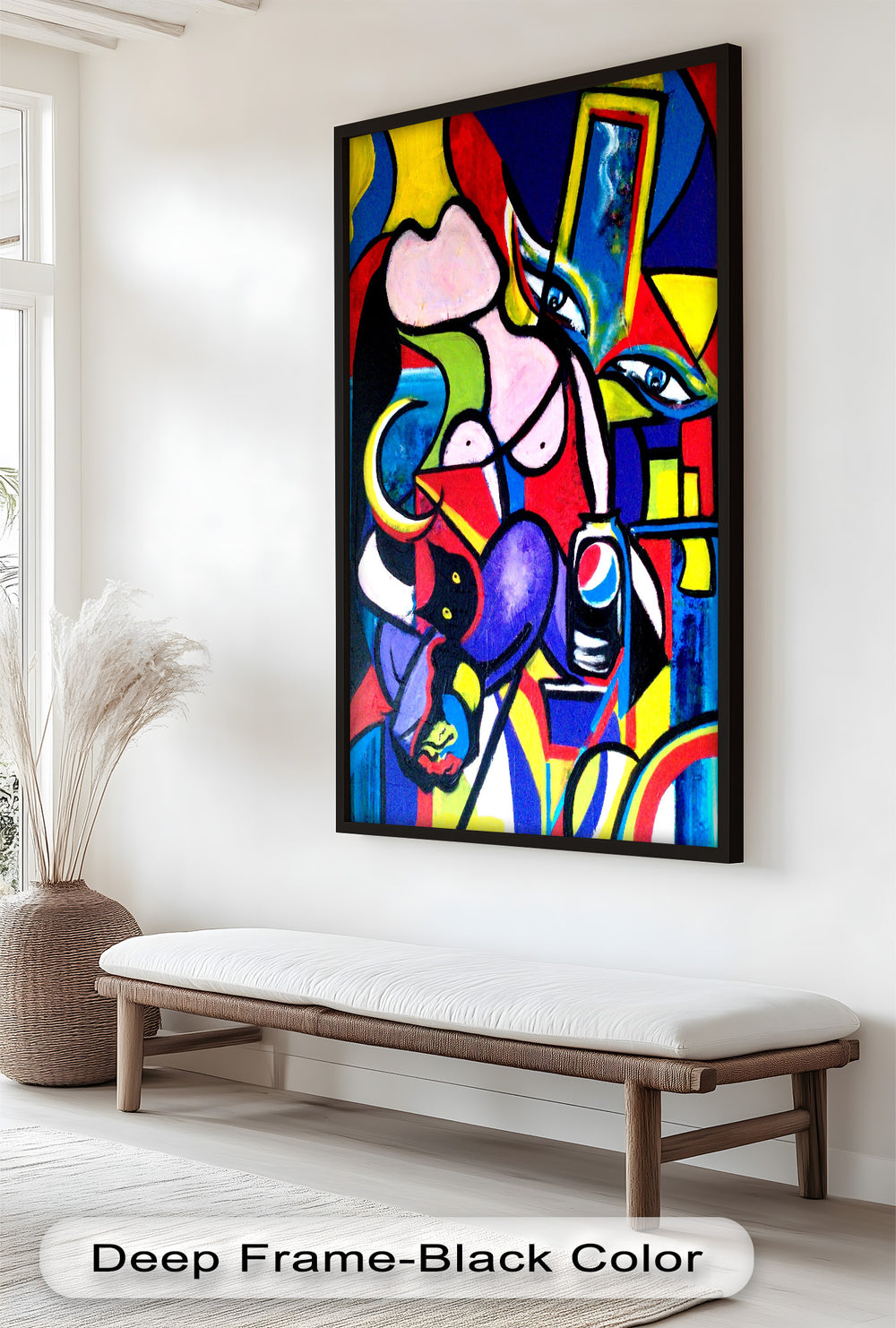 A colorful abstract artwork blending modern symbolism and surreal elements, with a curvy figure and pop culture references.