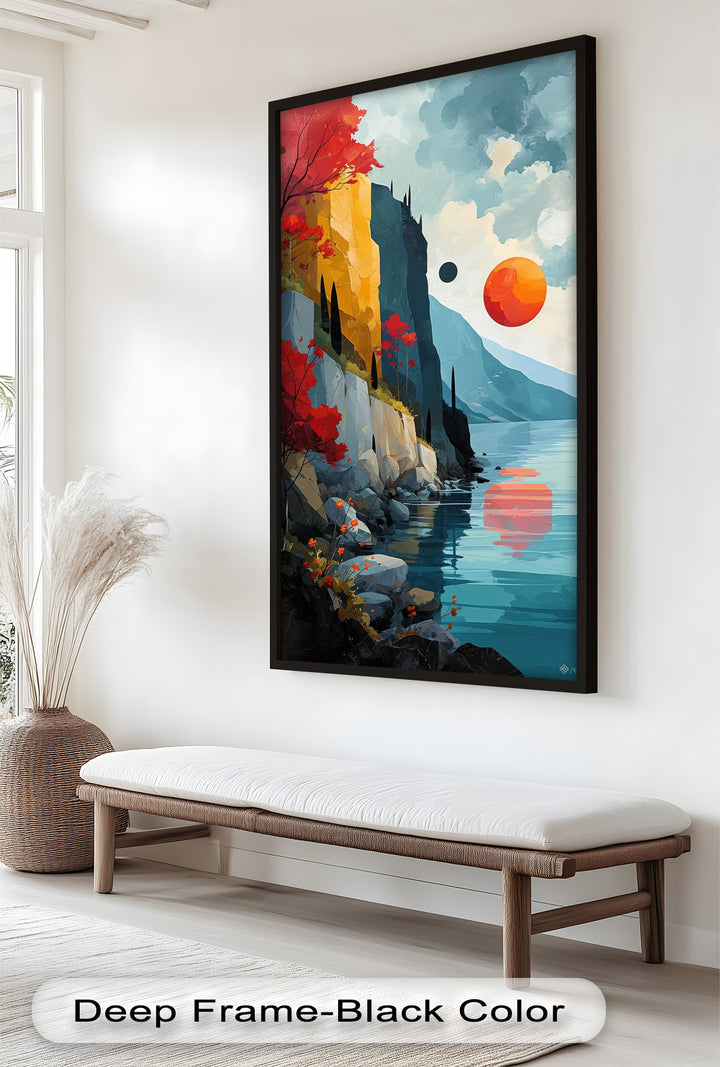 Crimson Horizons – Surreale Küstentraumlandschaft, abstraktes Ölgemälde