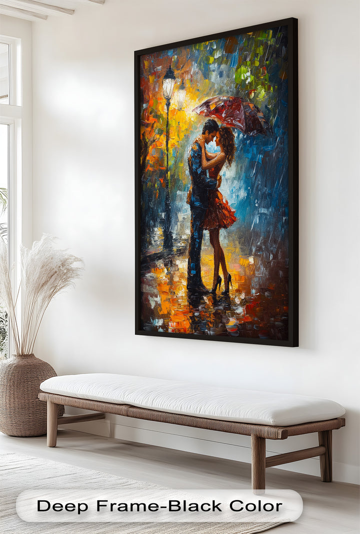 Embrace in Autumn Rain – Passionate Love Oil Painting