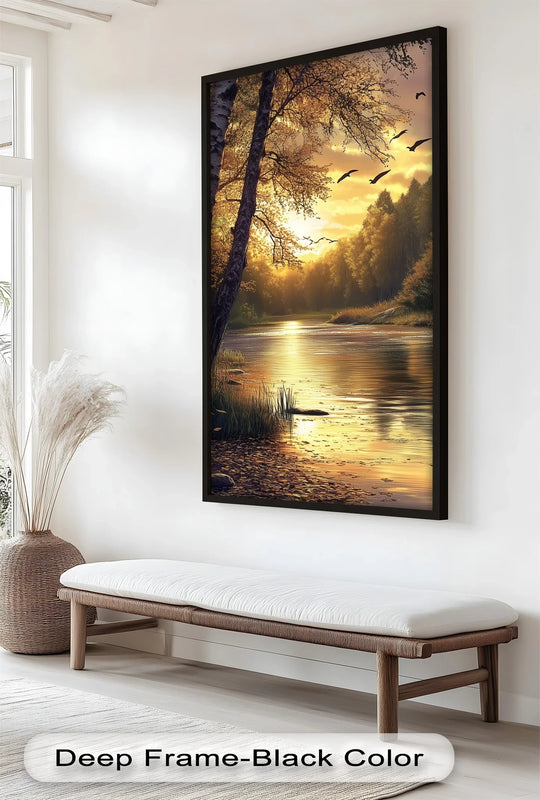 Foreground details show the exquisite reflection of light in the water of this autumn river landscape, making this oil painting art piece an enchanting sunset wall art selection.