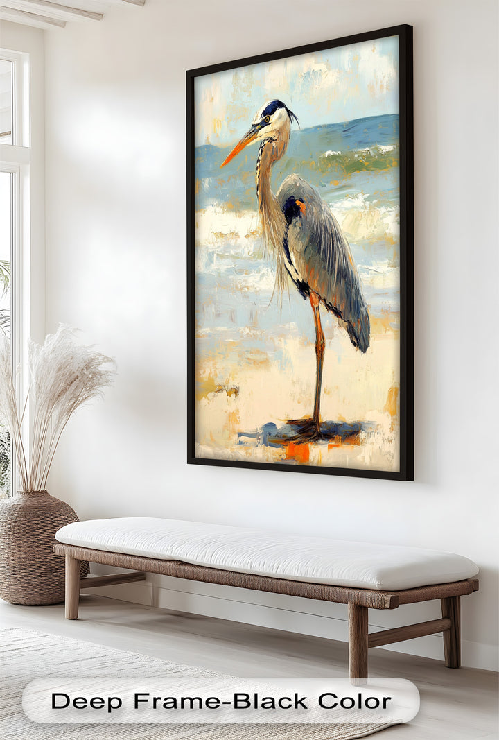 Coastal Heron with Ocean Breeze - Modern Oil Painting