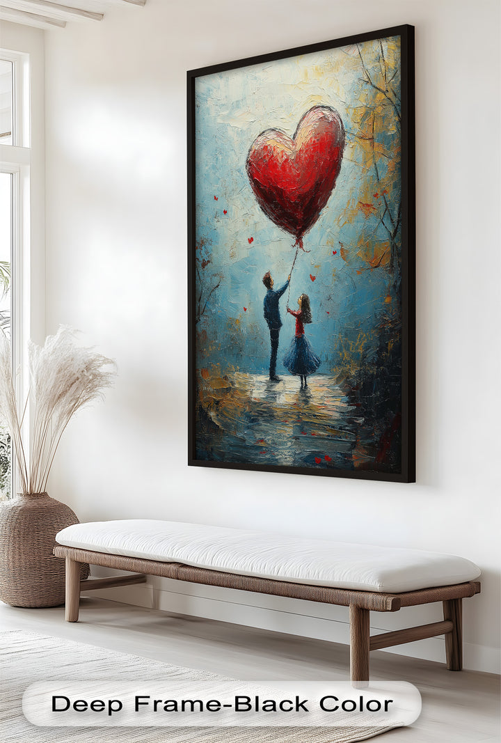 Heart Balloon Dreams – Whimsical Couple Love Oil Painting