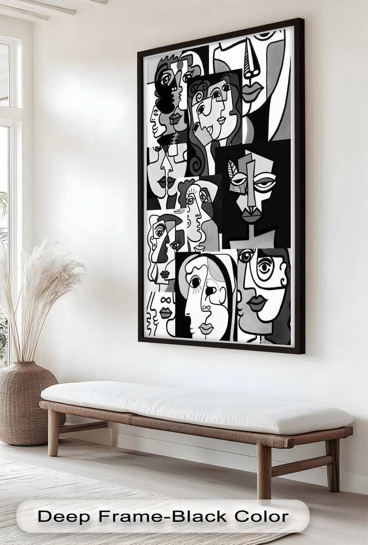 Monochrome Whispers – Collage of Cubist Faces Abstract Oil Painting
