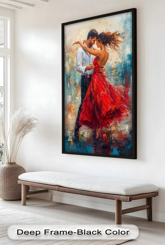 The sweeping brushstrokes of this oil painting artwork evoke a dynamic sense of motion as a couple dances a vibrant, intimate tango.
