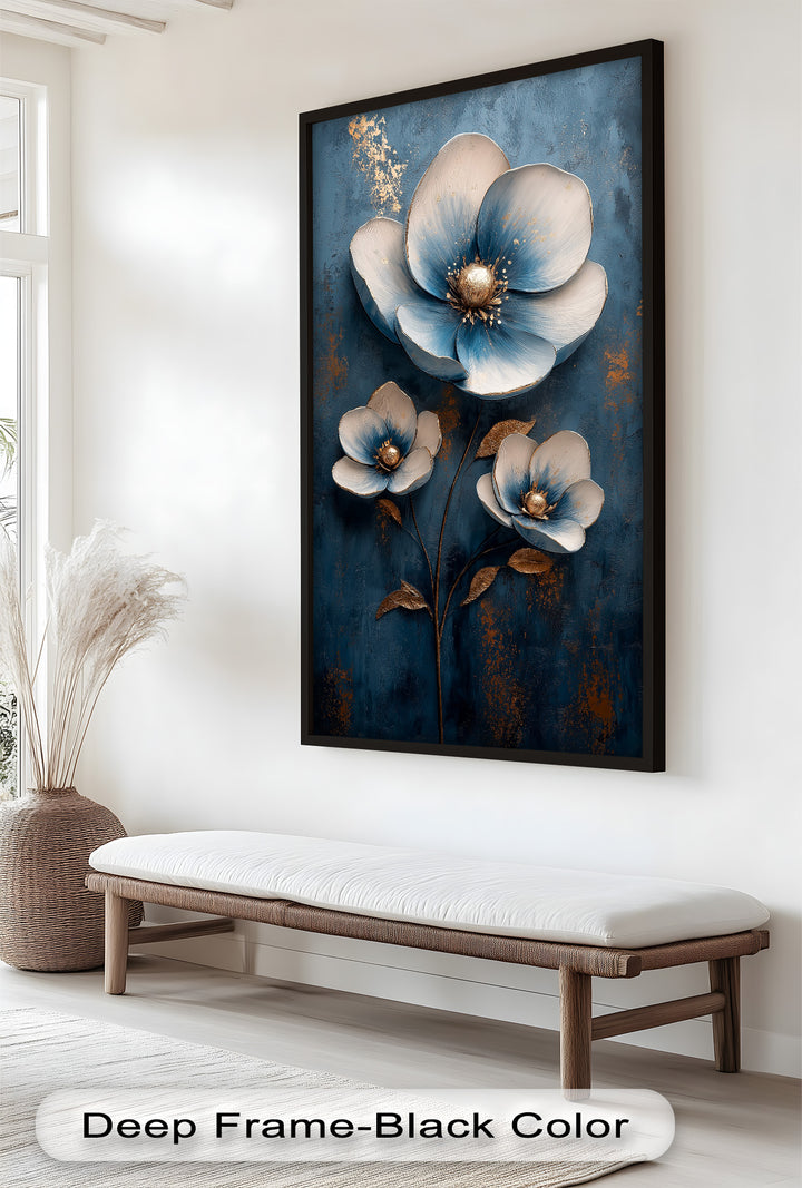 Deep Blue and Metallic Floral Elegance - Flower Oil Painting