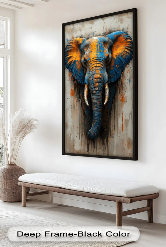 Negative space surrounds the striking blue and orange elephant, highlighting the dynamic colors of this animal oil painting decoration.