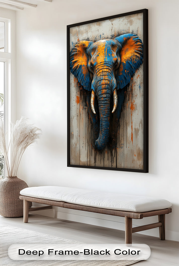 Blue and Orange Elephant Portrait - Animal Oil Painting