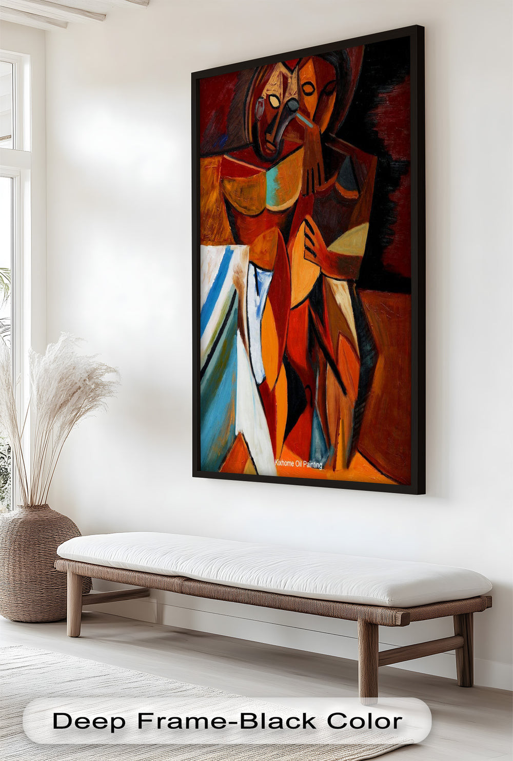 A striking cubist composition featuring two stylized human forms, embracing with angular lines and rich shades of red, orange, and blue.