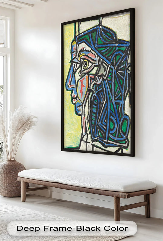 The realistic detail of the oil painting art prints captures the intricate textures and vibrant, geometric portrait, showcasing Picasso's Cubist vision in cyan and emerald tones.