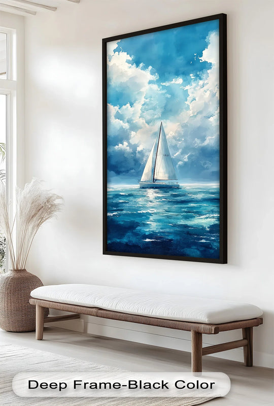 Canvas wall art featuring a solitary sailboat navigating textured azure swells under a dramatic sky.
