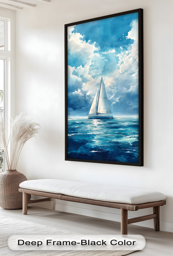White Sailboat Blue Skies - Modern Oil Painting