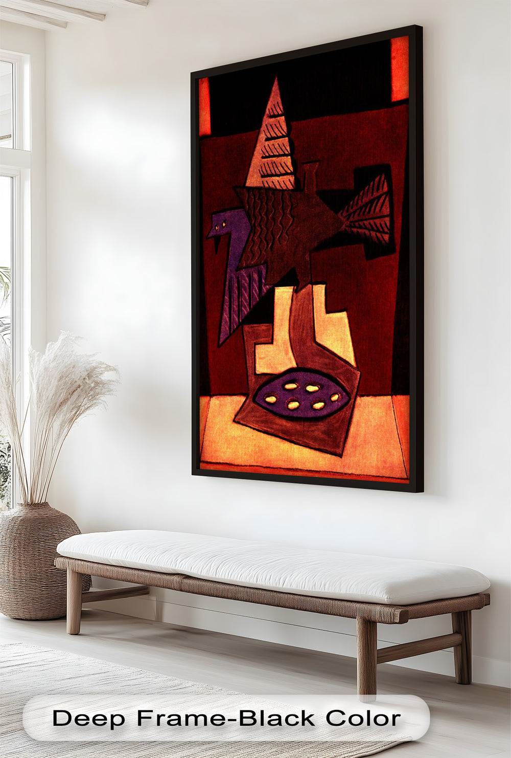 A cubist-inspired bird composition featuring sharp angles, textured patterns, and earthy, warm hues.
