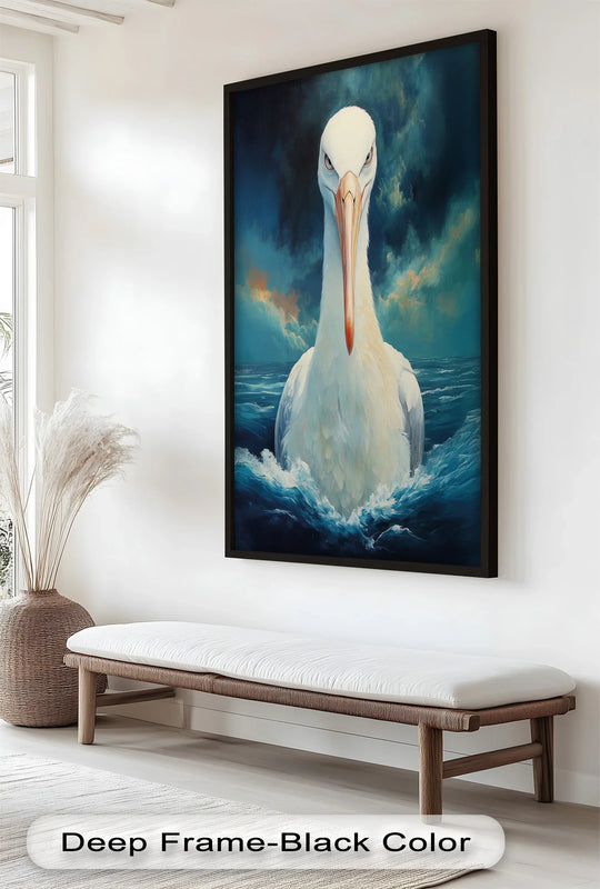 Dramatic negative space surrounds the imposing stork in this animal oil painting, enhancing the stormy ocean scene in this stunning oil painting home decor piece.