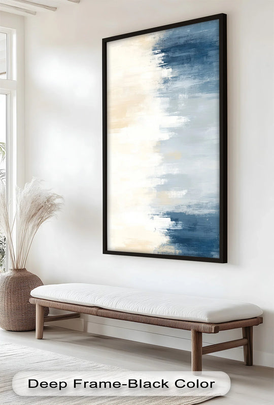 Foreground features a minimalist wooden bench with a white cushion beneath the 'Soft Reflections' abstract oil painting art prints, adding a serene touch.