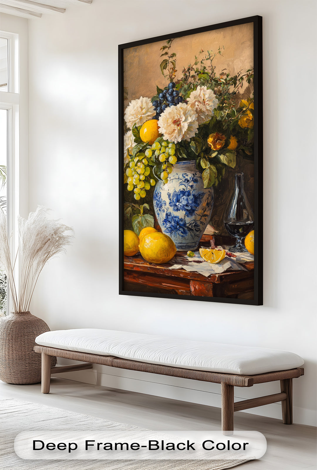A vibrant still life painting of delicate blue flowers in a clear round vase, set against a colorful, textured background.