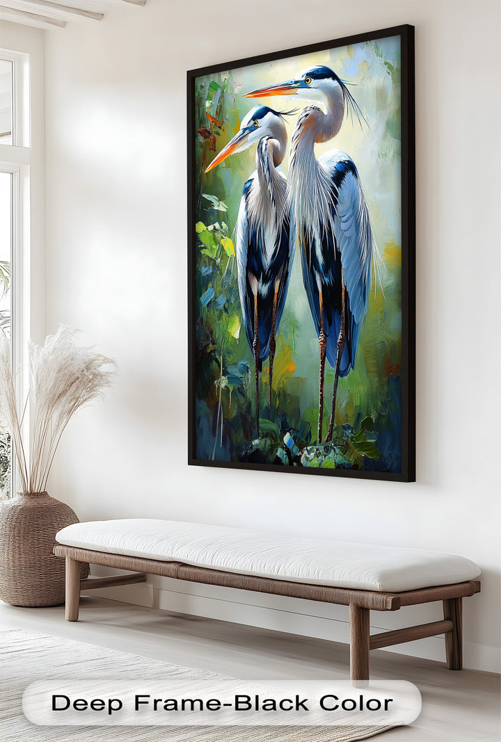 Two Herons Among Verdant Shadows - Animal Oil Painting