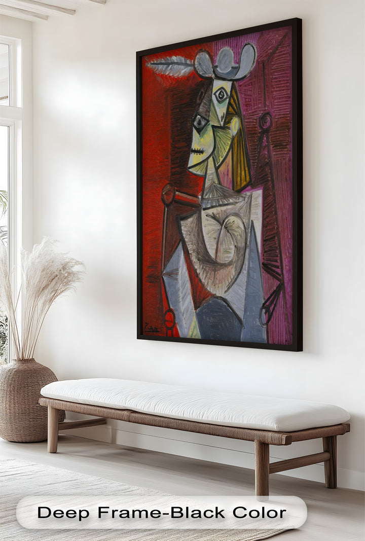 Bold in Crimson – Woman with Feather Hat Abstract Oil Painting