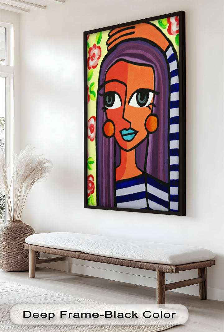 Striped Muse – Vibrant Woman with Flowers Picasso Oil Painting