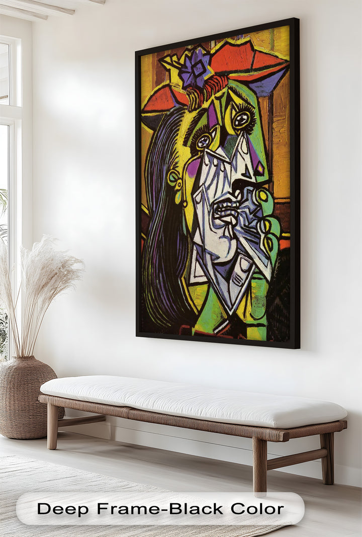 An intense abstract painting capturing a tearful figure with distorted lines and sharp contrasts, evoking emotional turmoil.