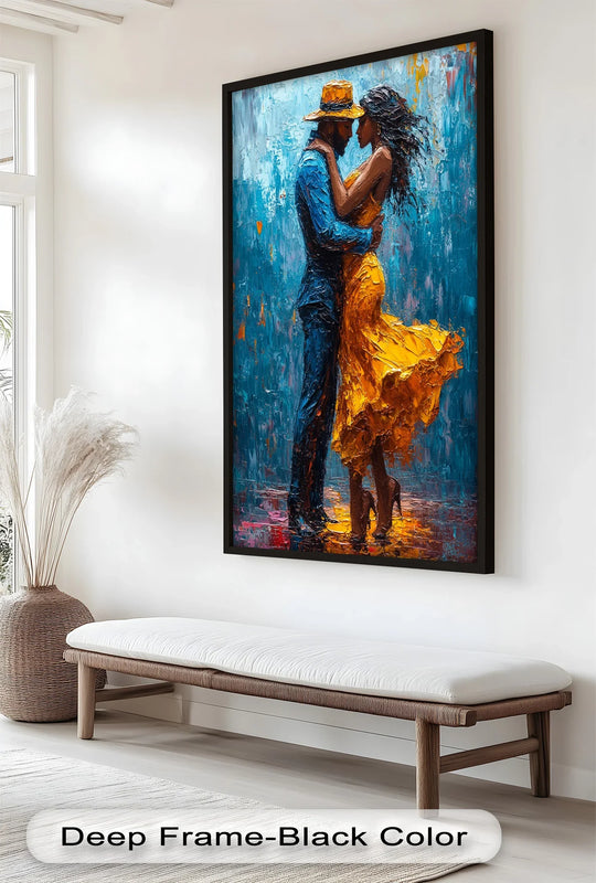 Dominant blues and yellows create a vivid backdrop for this passionate dance in the rain, highlighting the stunning oil painting art piece.
