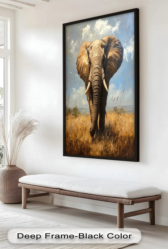 Deep layers define this oil painting artwork depicting an elephant in a golden field, creating a striking sense of depth within the frame.