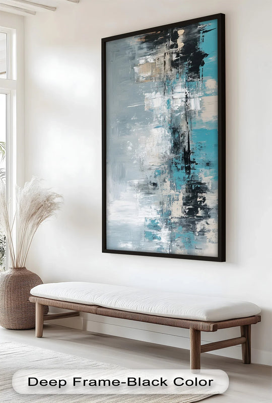 Suggesting an abstract quality, the urban drift oil painting art piece features blended teal, gray, and black hues forming an intriguing textured design.