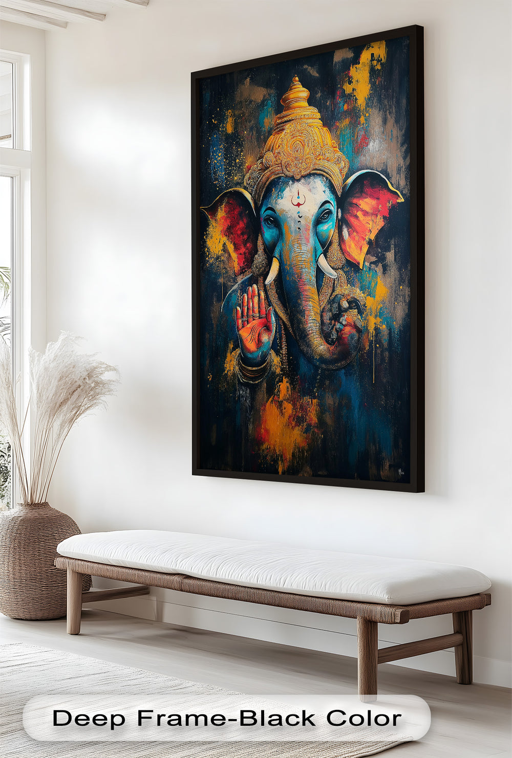 A vivid painting of the Hindu deity Ganesha with a blue face, expressive eyes, and rich golden crown, offering a gesture of protection.