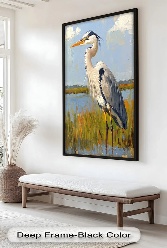 Showcasing the layering effect in the heron in sunlit wetlands animal oil painting, brushstrokes add depth to create a stunning oil painting reproduction print.