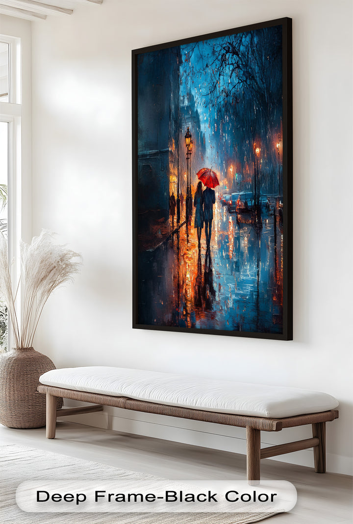 Romantic Couple in Rainy City - Love Oil Painting