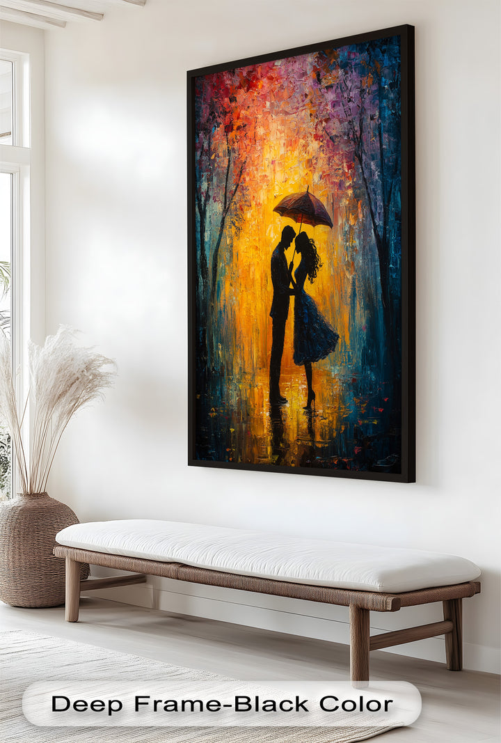 Under the Glow – Romantic Couple with Umbrella Love Oil Painting