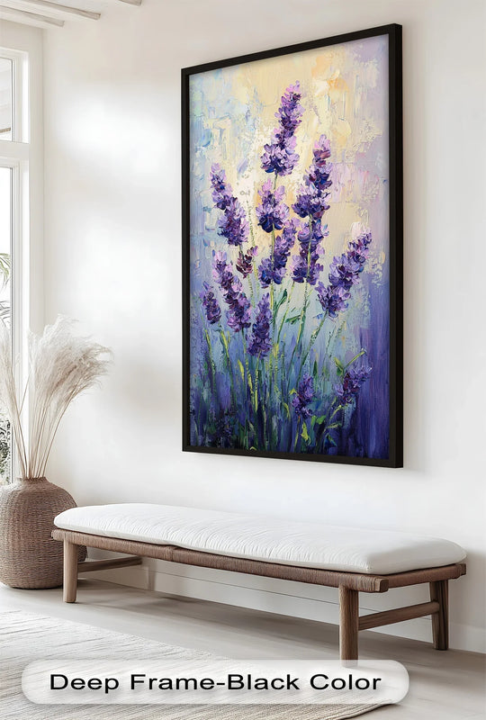 Purple hues dominate the serene lavender blooms oil painting decoration, creating a textured harmony and a calming floral display.