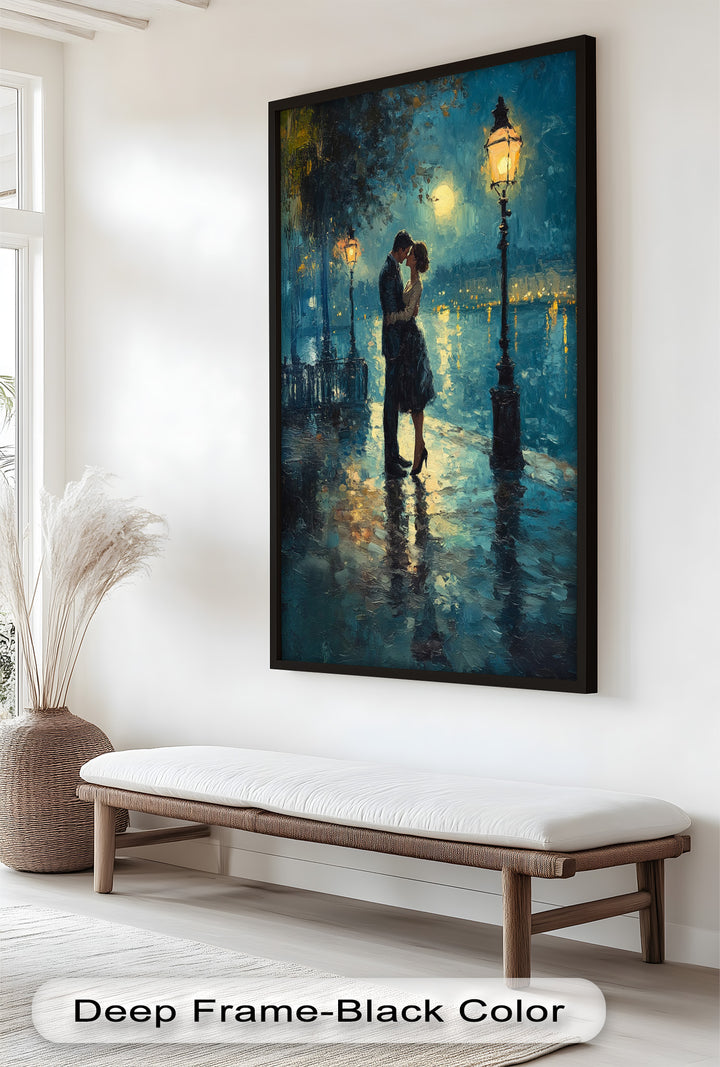 Moonlit Embrace – Lovers by the Lamplight Love Oil Painting
