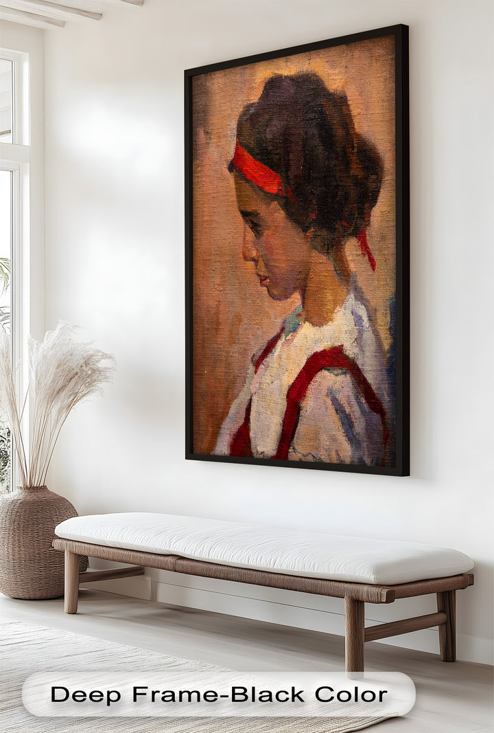 Crimson Reverie – Side Portrait of a Girl in Red Headband Oil Painting