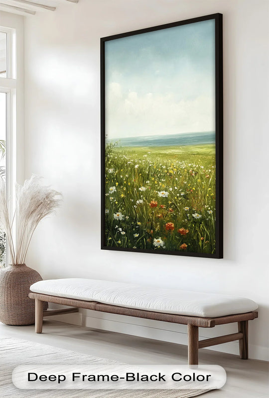 Layers of wildflowers in this oil painting artwork showcase the depth of the coastal meadow landscape, offering a tranquil view.