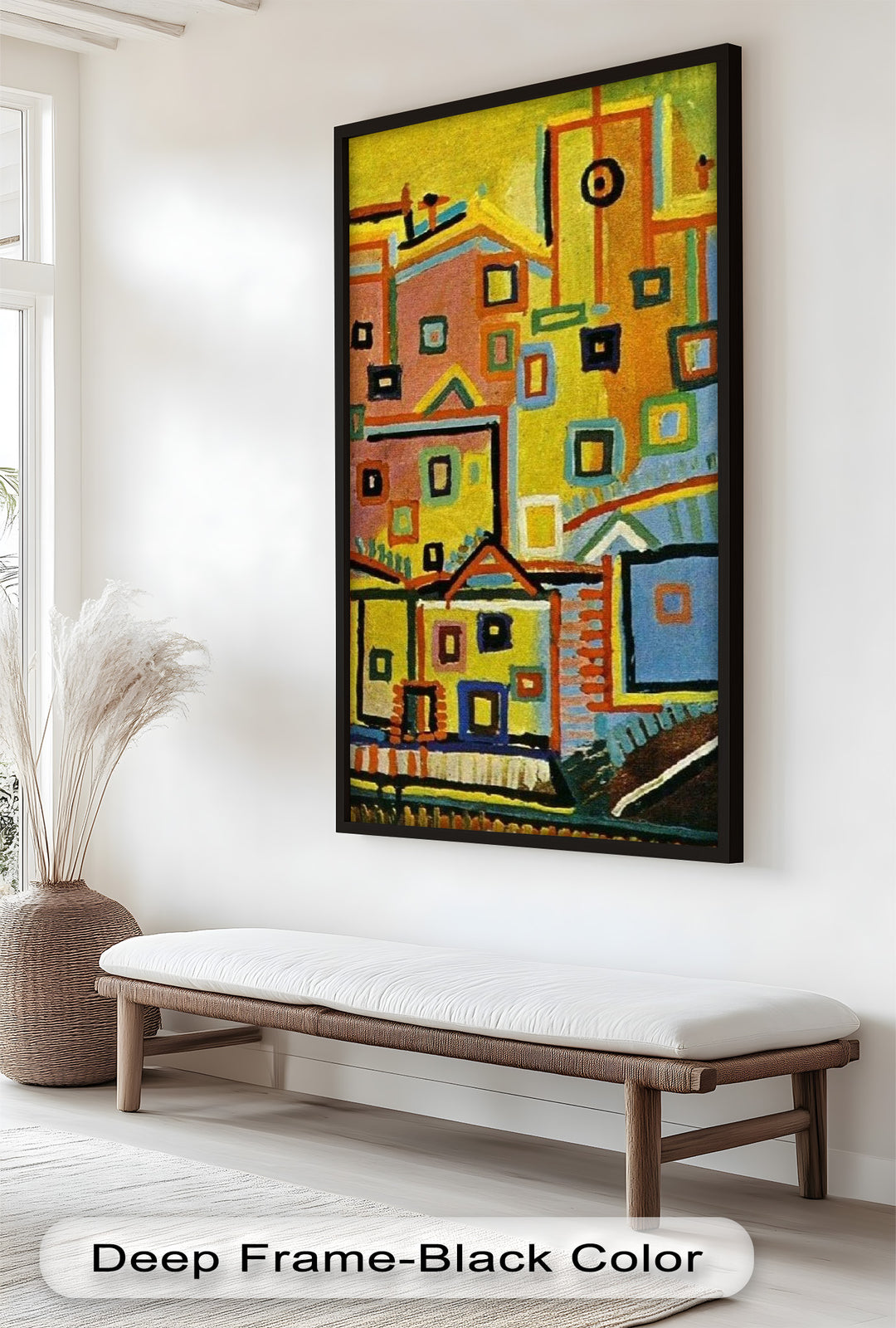Farbenfrohe geometrische Stadtlandschaft als Wandkunst – kubistisches Ölgemälde