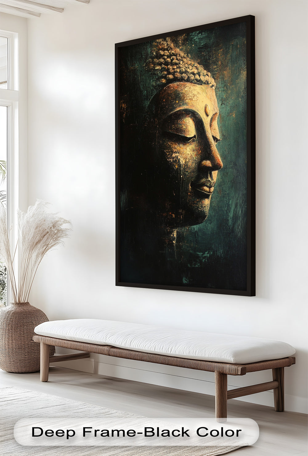 A close-up artistic depiction of Buddha’s calm face in profile, with warm golden highlights and a rich, moody backdrop.