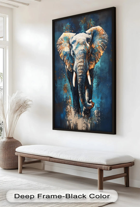 Cool color temperature highlights the dramatic Elephant in Blue Tones oil painting wall art, creating a vivid, unforgettable artwork.