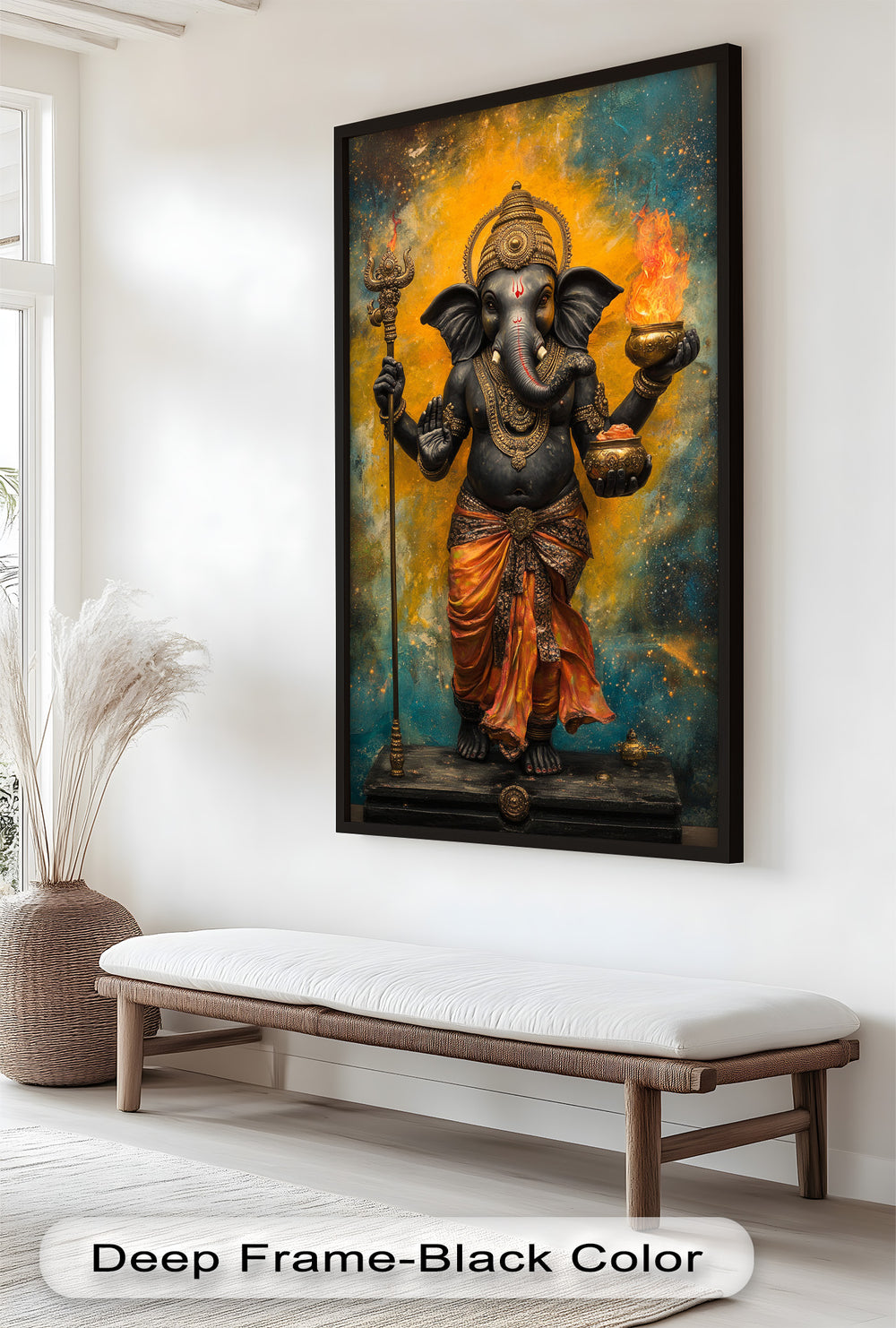 A powerful image of the Hindu deity Ganesha standing tall, surrounded by flames and cosmic light, symbolizing wisdom and strength.