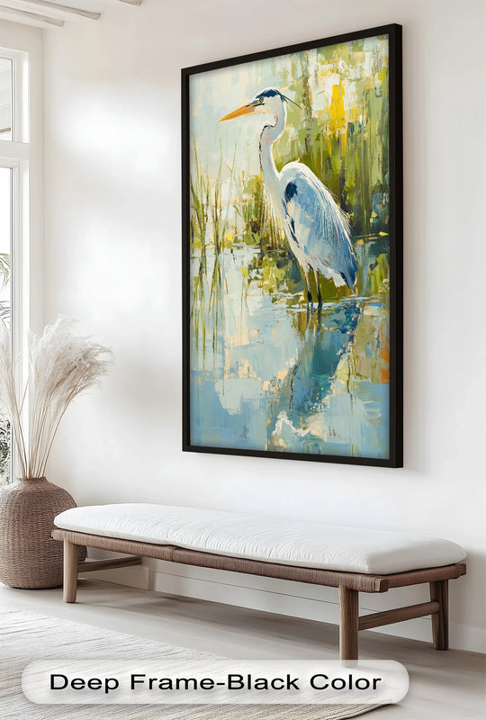 Satin finish on the animal oil painting gives the Heron Amid Textured Reflections a soft glow, elevating the oil painting decoration of the natural scene.