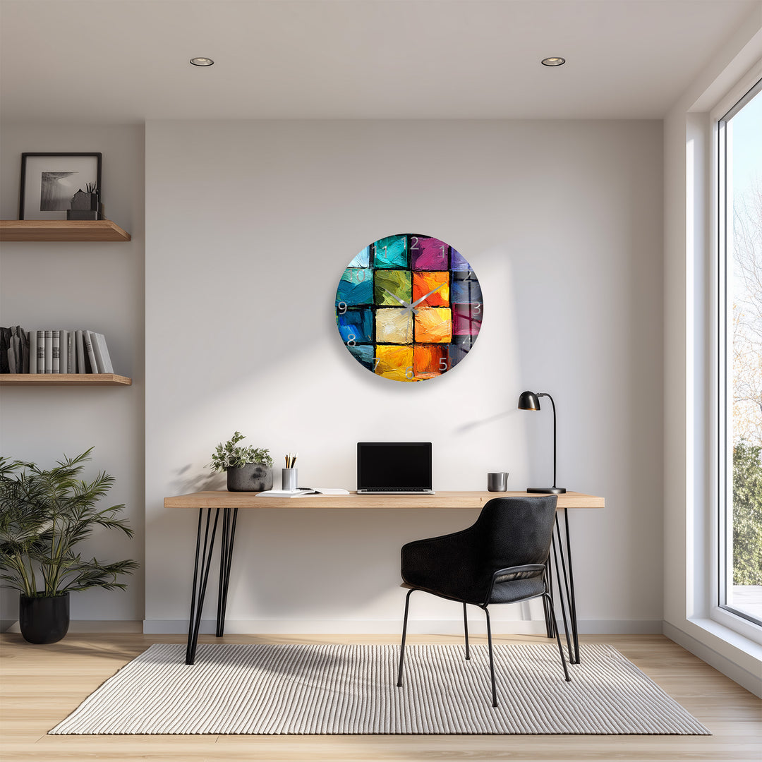 Colorful Abstract Glass Wall Clock – Textured Geometric Painting
