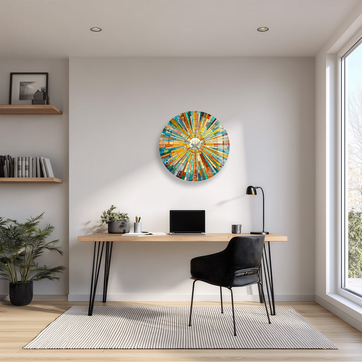 Geometrische Sunburst-Glaswanduhr – Bunte Mosaikkunst