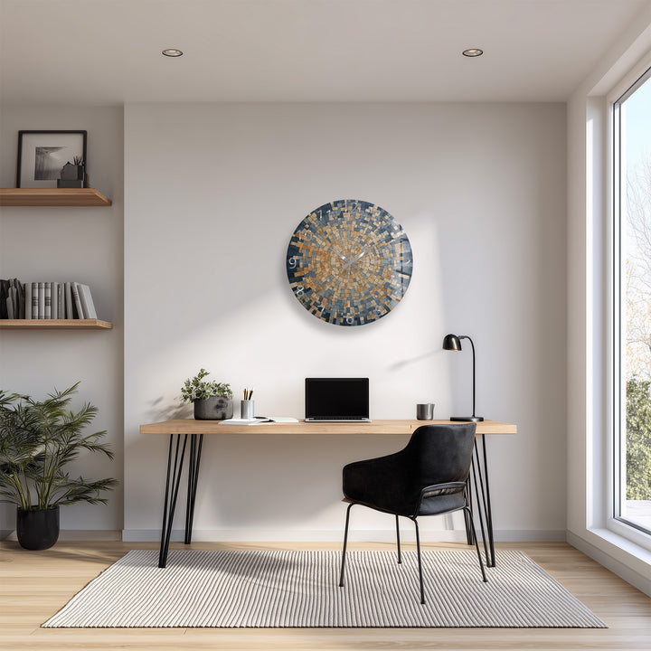 Blue Mosaic Glass Wall Clock – Beige Geometric Circle Art Decor