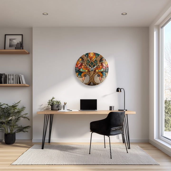 Autumn Tree of Life Glass Wall Clock – Stained Glass Style Decor