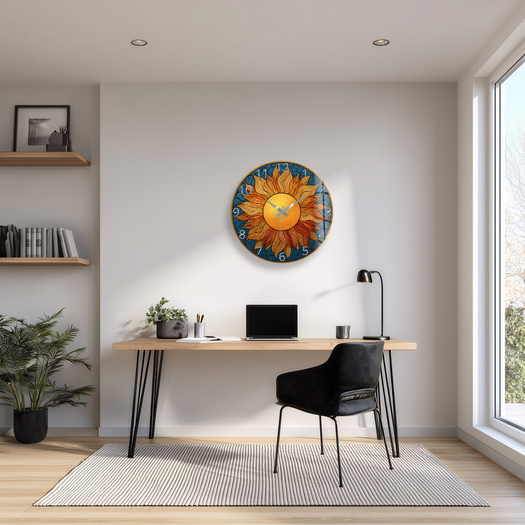Boho Sun Glass Wall Clock – Golden Sunburst Decor