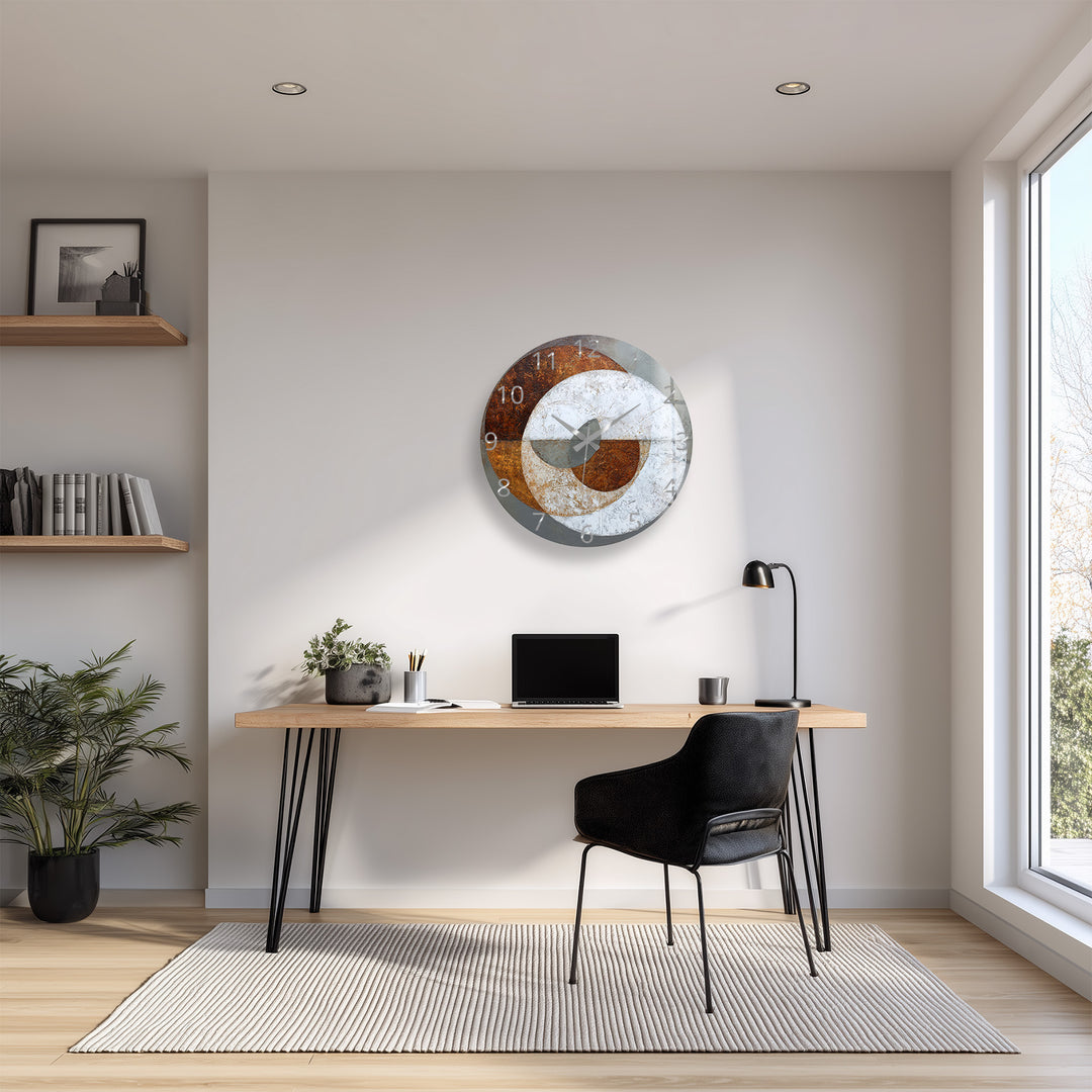 Rust and Gray Glass Wall Clock – Industrial Abstract Circle Art