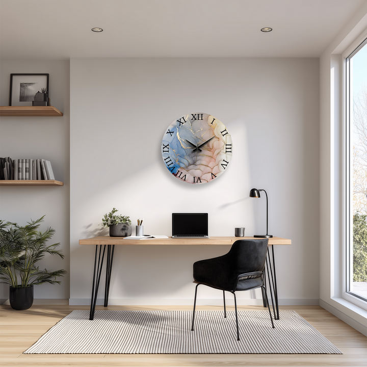 Pastellrosa und blaue Marmorglas-Wanduhr