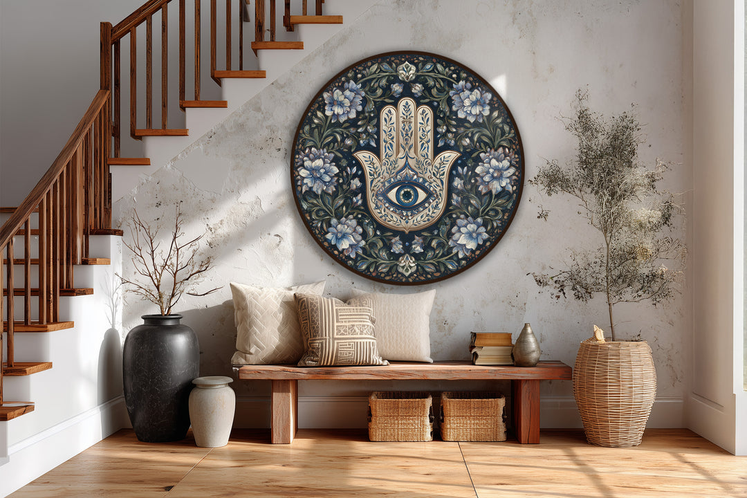 Foreground details showcase a symbolic round oil painting wall art of a floral Hamsa hand with an eye motif, bringing a spiritual and calm ambiance.