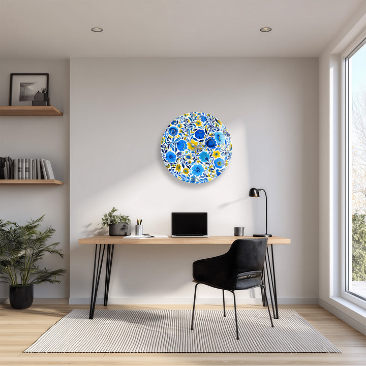Blue and Yellow Floral Glass Wall Clock – Botanical Decor