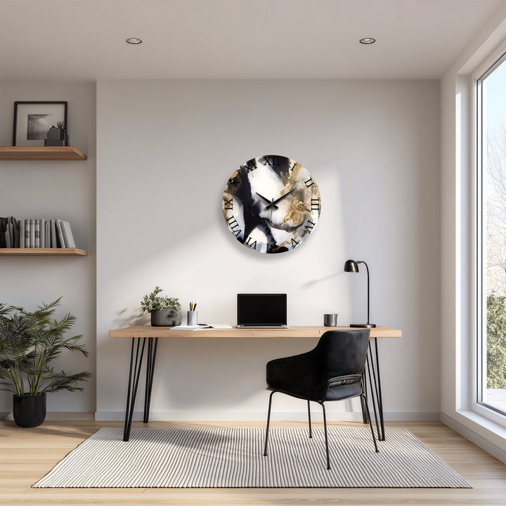 Black and Gold Marble Glass Wall Clock – Abstract Luxury Decor