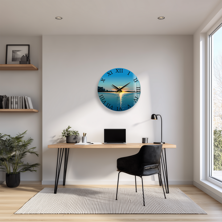 Minimalist Ocean Sunset Glass Wall Clock – Coastal Decor